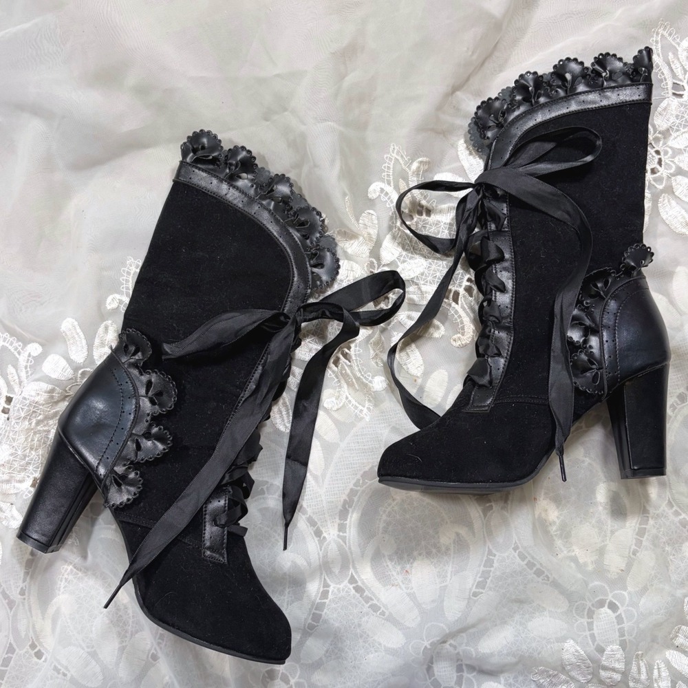 Victorian Gothic Lace Up Ribbon Boots Black Ruffle Scalloped Block Heel Size 40